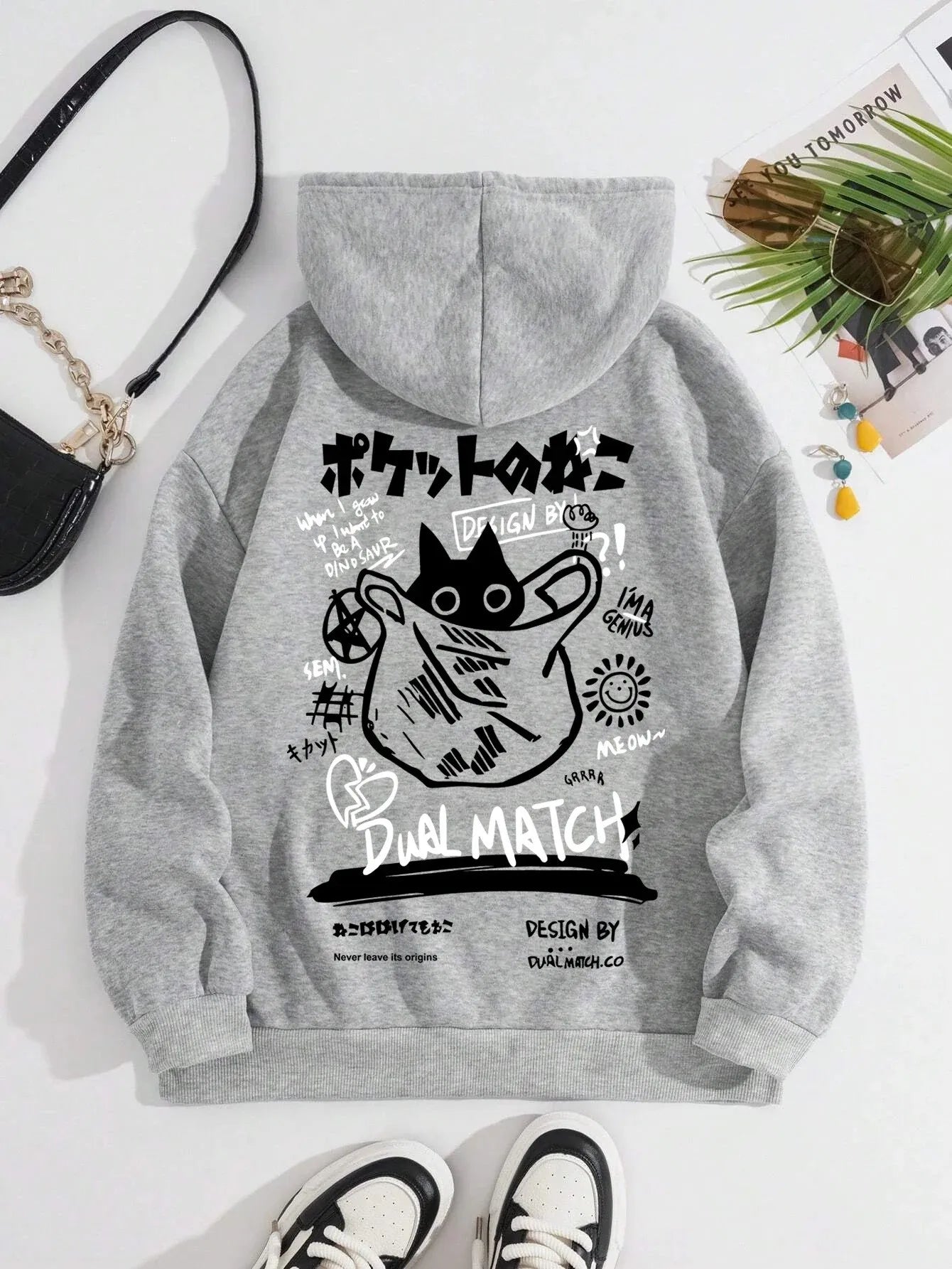 Japan Style Black Cat Hoodie Men Women Outdoor Street Casual Fashion Sport Cartoon Longsve Adult Autumn Winter Sweatshirt Top