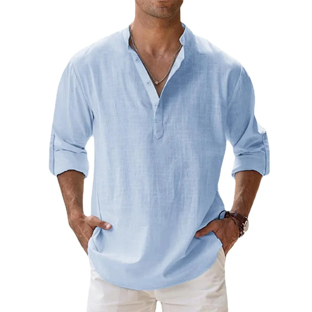 Men's Cotton Linen Short Sleeve Shirt | Solid Color Henley Casual Beach Hawaiian Vacation
