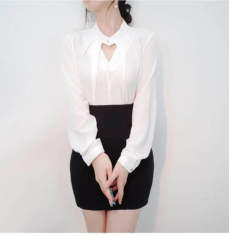 Solid Blouses Women Chiffon Shirts Long Sve flattering Hollow chic All-match Basic Spring Summer Tops Thin Chic Elegant Female Ins