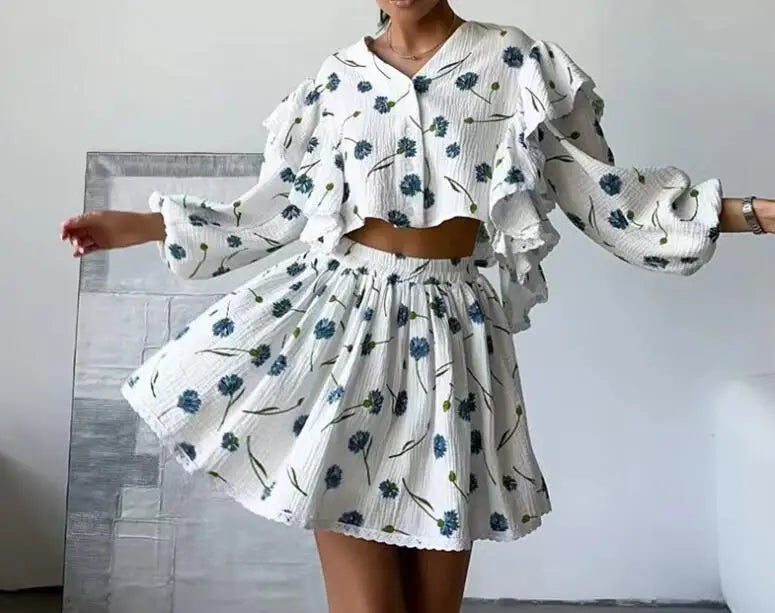 Ruffle Edge Long Sleeved Printed Shirt + Elastic Waist Short Skirt Set