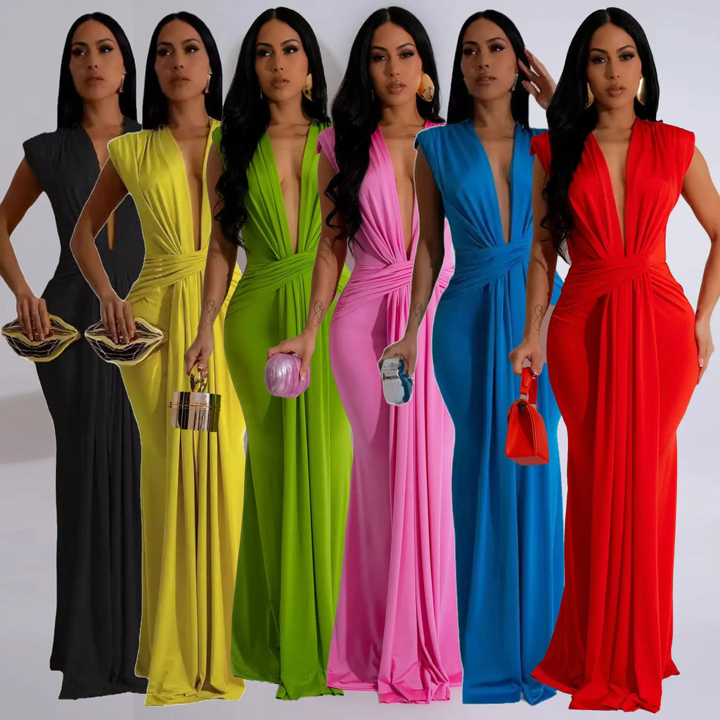 Dress Women Long Dresses Deep V Neck Sleeveless Solid flattering Fit Tight Waist elegant Elegant Splice Hip Wrap Temperament Vestidos