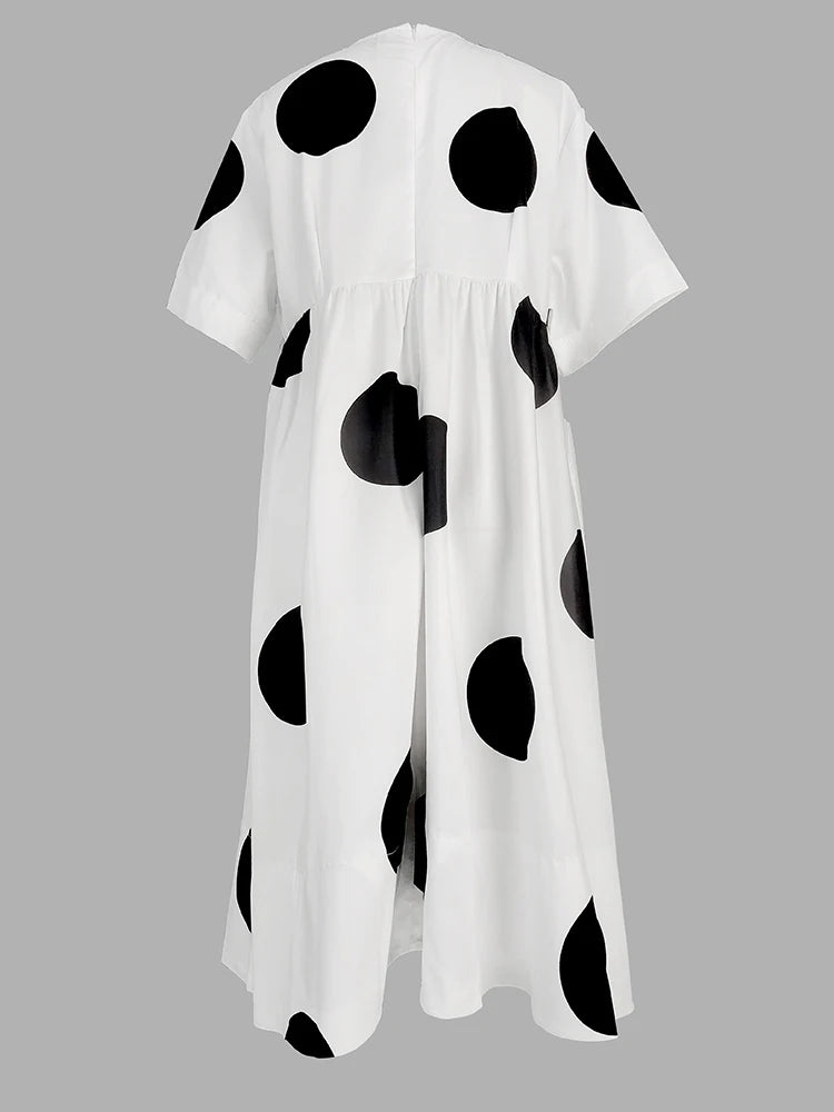 Women Midi Shirts Dress Short Sleeves Black and White Polka Dot Daily Casual Simple Female A - line Dresses - Nitamoje