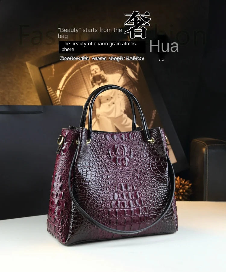 Genuine Leather Crocodile Print Bucket Bag