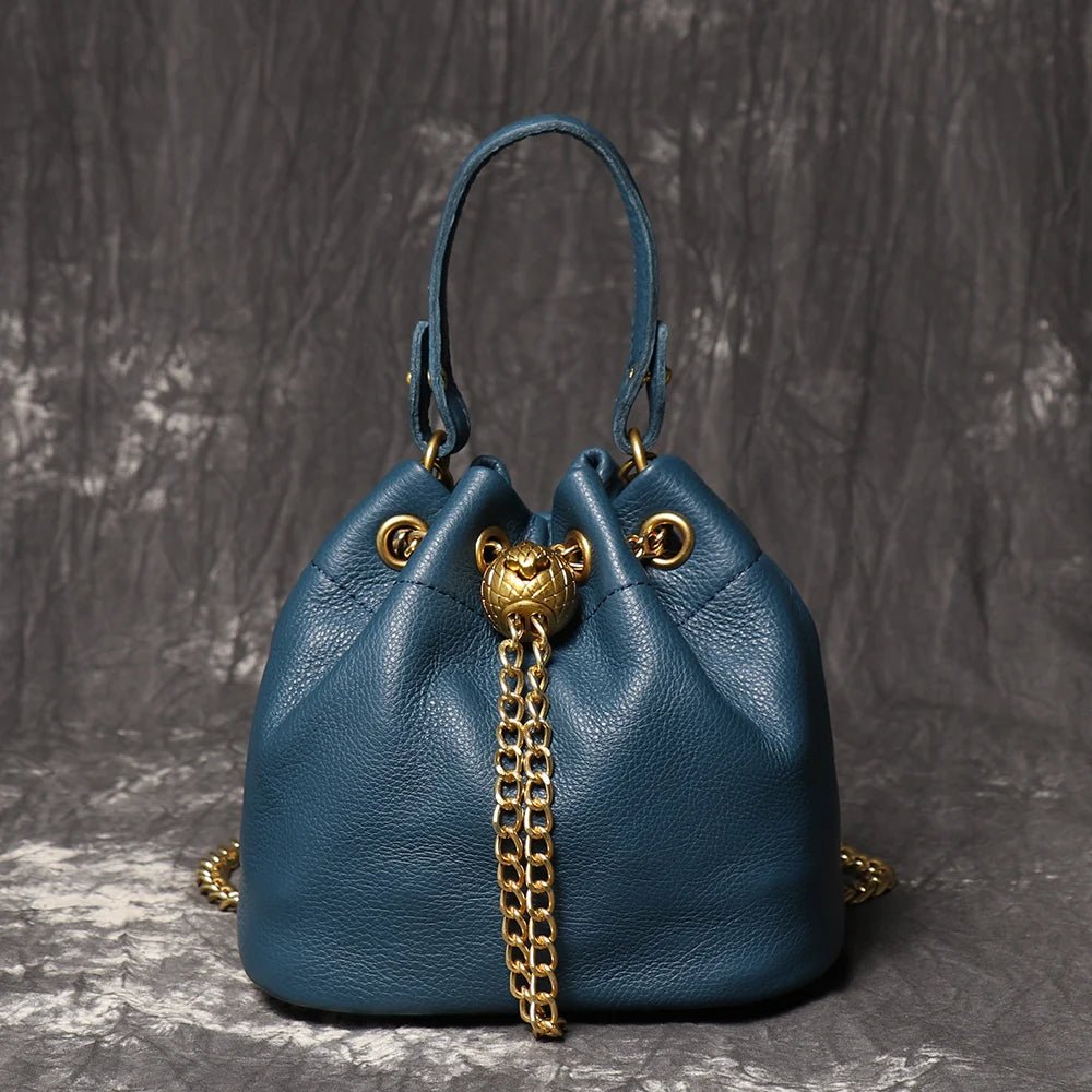 Metal Drawstring Genuine Leather Chain Bucket Bag - Nitamoje