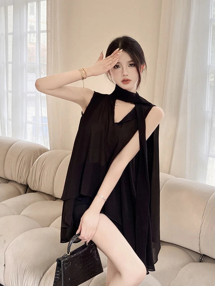 Black V-Neck Chiffon Blouse