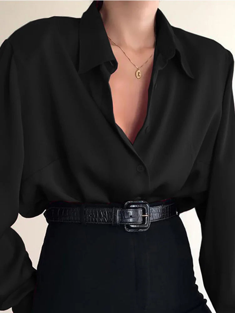 Women Button Blouses Turn Down Collar Shirts Office Lady Long Sve Casual Blouse Loose OL Shirt Baggy Tops Red/Wine Red /Black