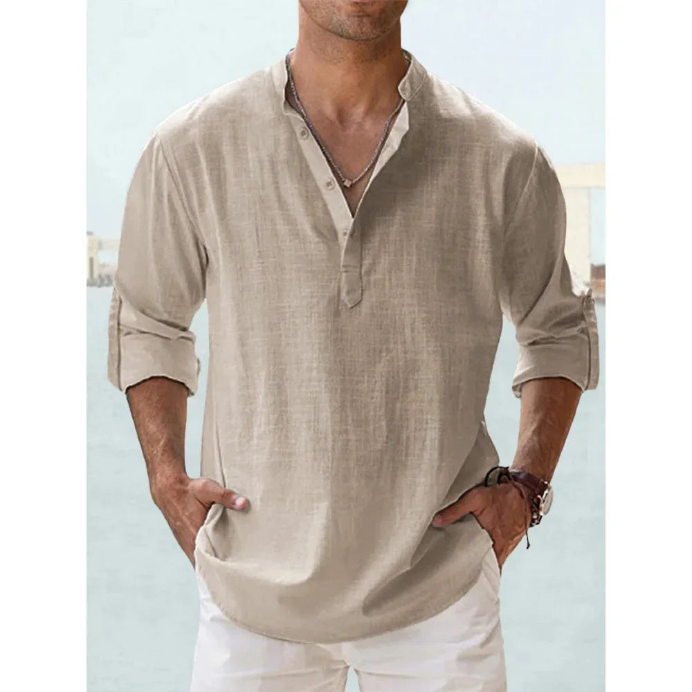 Men's Cotton Linen Short Sleeve Shirt | Solid Color Henley Casual Beach Hawaiian Vacation
