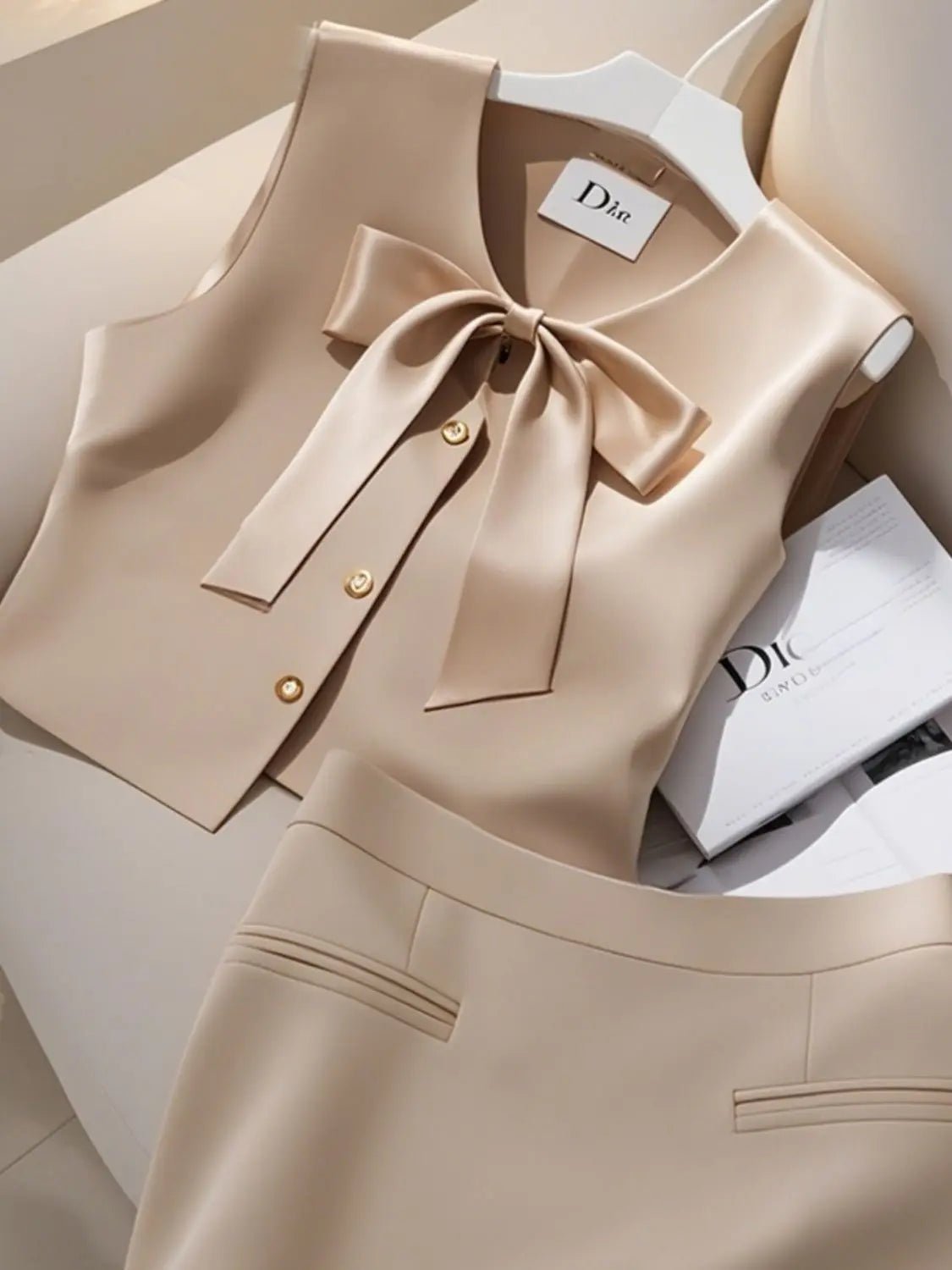 Women Clothes Elegant Two - piece Fashionable Bow Sleeveless Dress Sets - Nitamoje