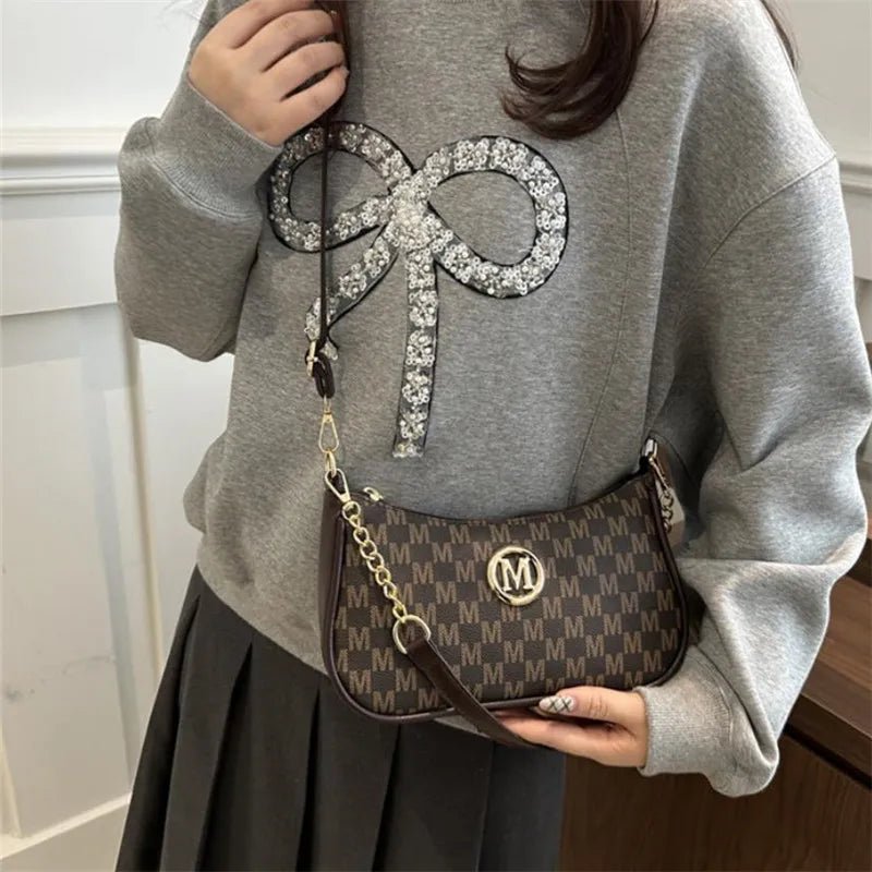 Vintage Style Handbag Crossbody Bag, Gold Letter 'M' Design Pu Leather Shoulder Messenger Bag, Synthetic Leather Tote Bag, Purse - Nitamoje