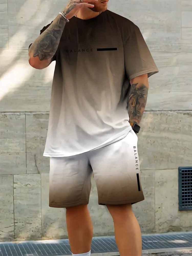 Men's Gradient Print Short Sleeve & Shorts Summer Set