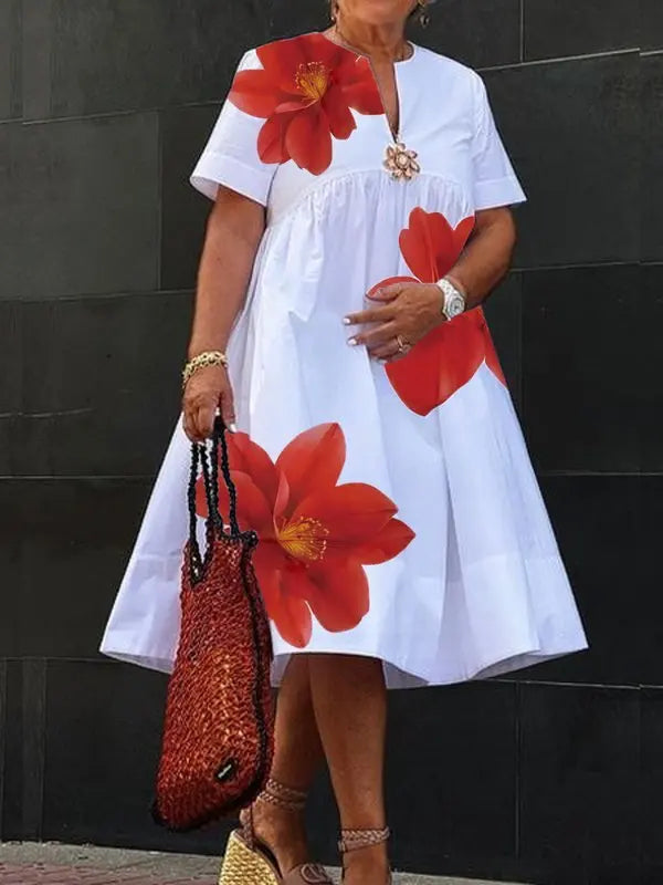 Women Midi Shirts Dress  Short Sleeves Black and White Polka Dot Daily Casual Simple Female A-line Dresses