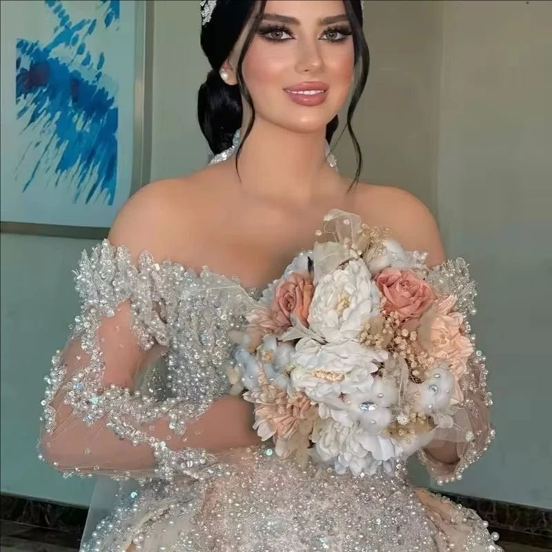 Detachable Train Bridal Gown | Off the Shoulder Heavy Appliques Pearl Trumpet Dress - Nitamoje