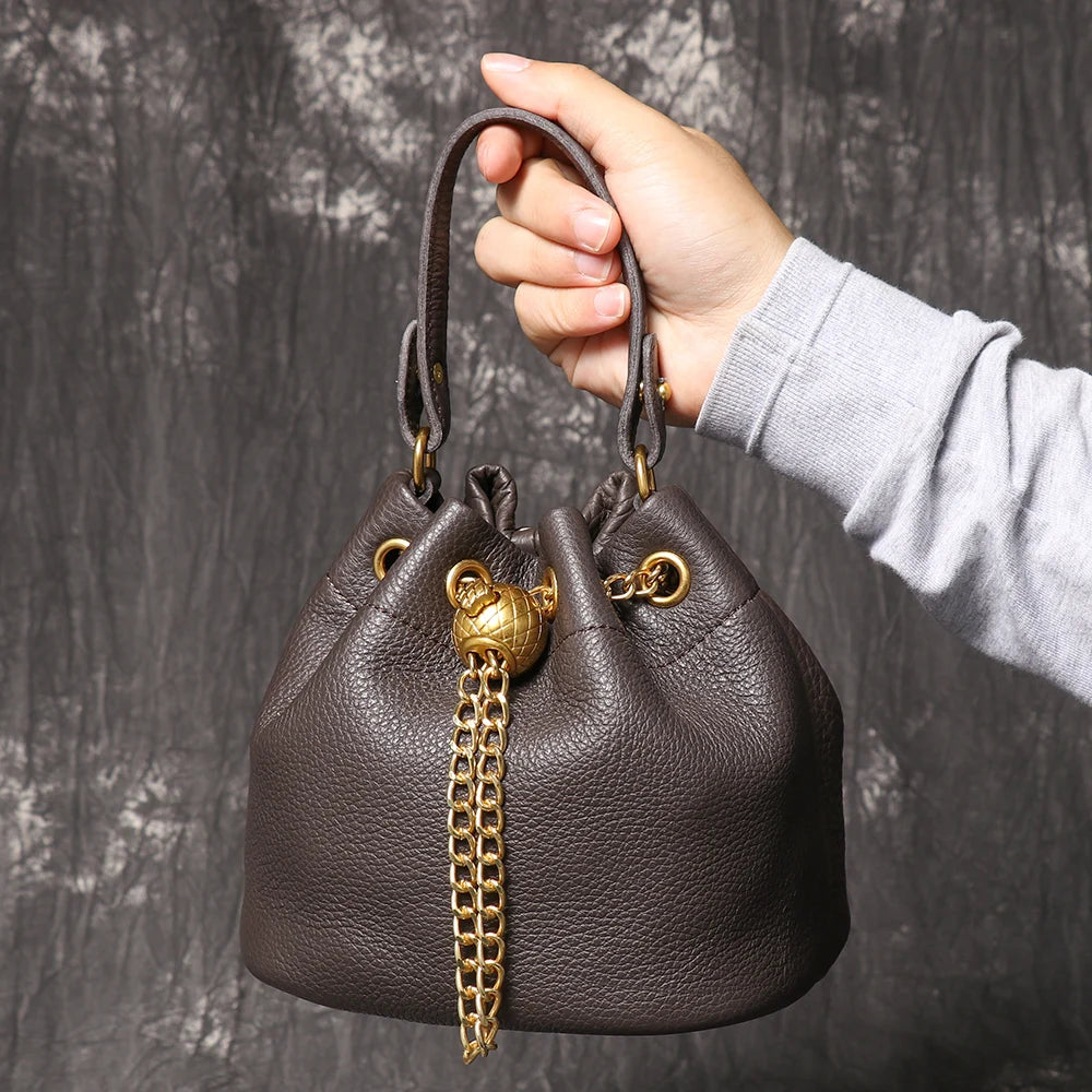 Metal Drawstring Genuine Leather Chain Bucket Bag