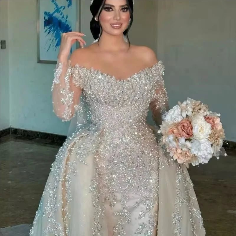 Detachable Train Bridal Gown | Off the Shoulder Heavy Appliques Pearl Trumpet Dress - Nitamoje