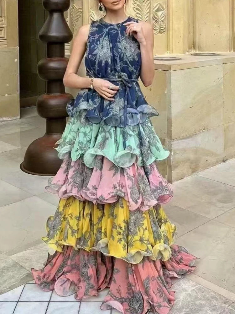 Women's Sleeveless Tie-Waist Ruffle Tiered Midi Dress