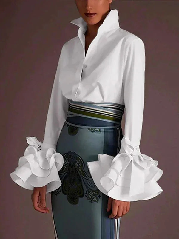 Flared Sve Lapel Button Office Blouse