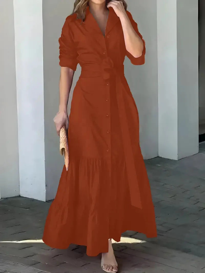 Women's Shirt Dress Suit Collar Fashion Button Belt Bow High Waist flattering and Elegant Office Skirt