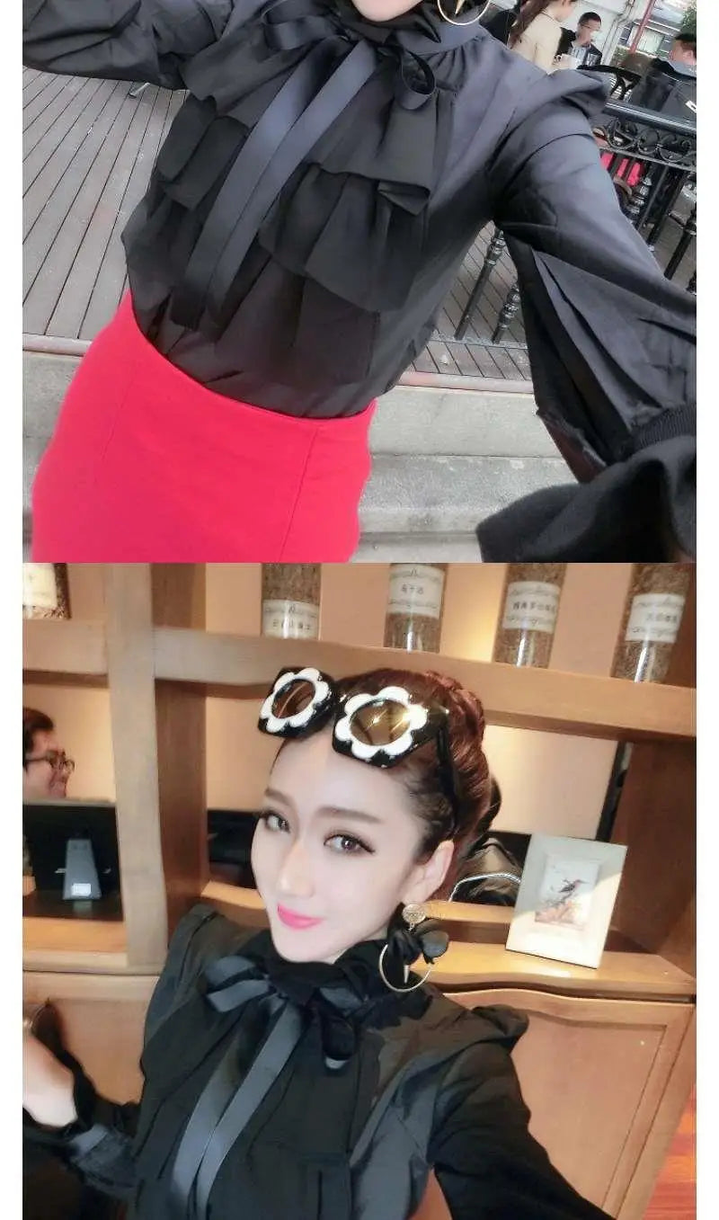 Elegant Women's Summer Blouse | Casual Ruffle Bow Long Sleeve Top White Shirt