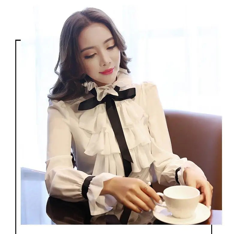 Elegant Women's Summer Blouse | Casual Ruffle Bow Long Sleeve Top White Shirt
