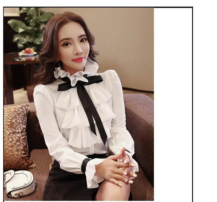 Elegant Women's Summer Blouse | Casual Ruffle Bow Long Sleeve Top White Shirt