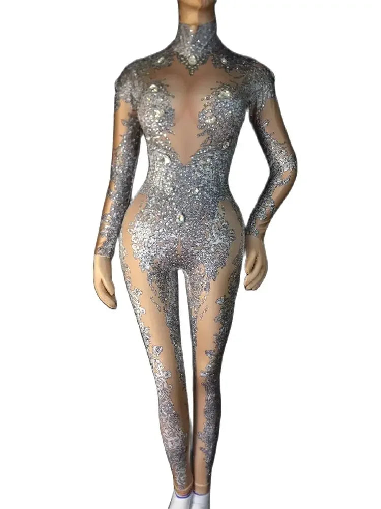 Silver Beading High Elasticity Women Jumpsuit Performance Party Celebrate Luxurious Shining Stage Drag Queen Costumes Pole Dance