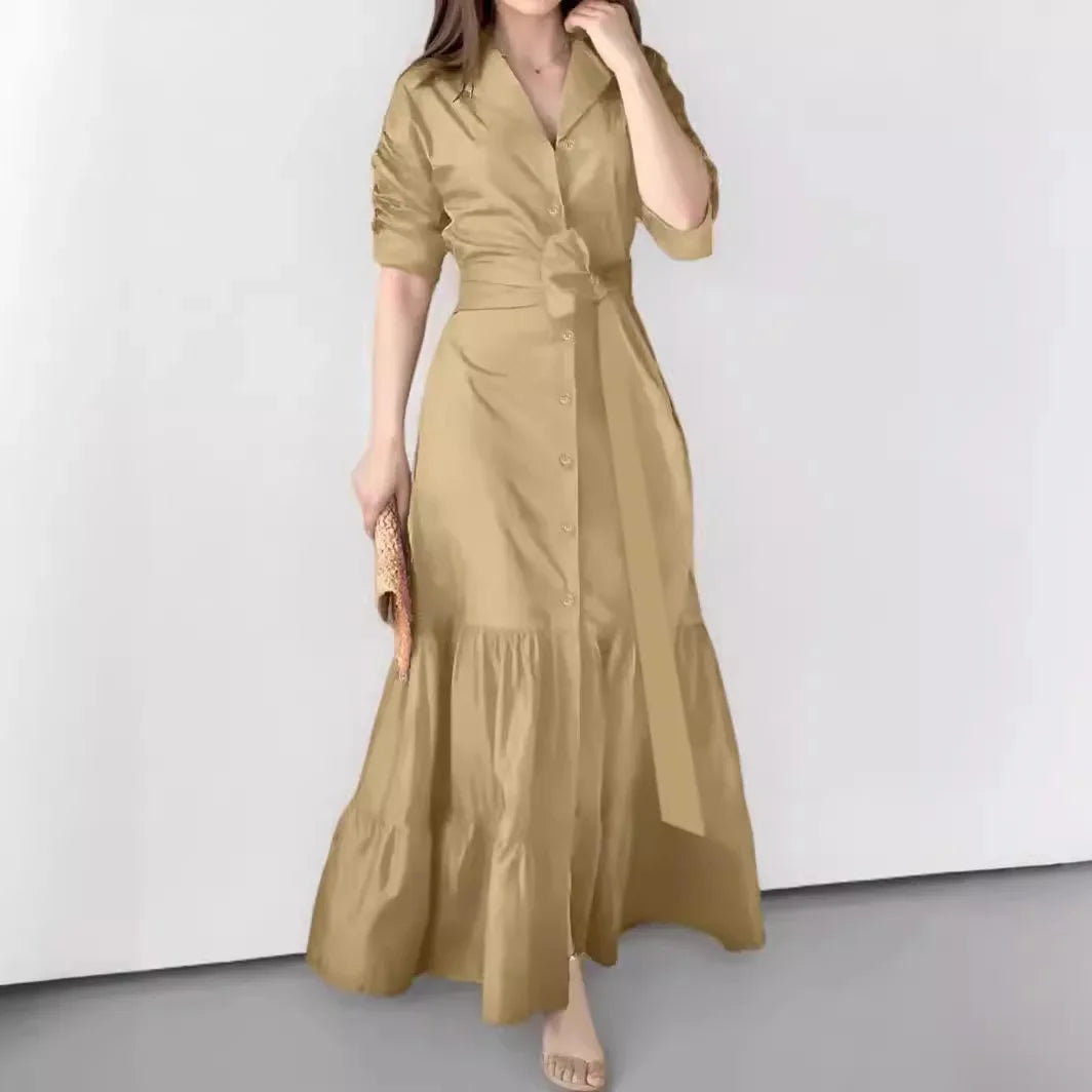 Women's Shirt Dress Suit Collar Fashion Button Belt Bow High Waist flattering and Elegant Office Skirt