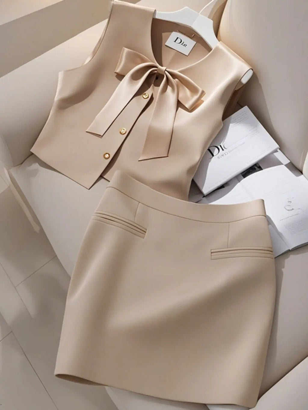 Women Clothes Elegant Two - piece Fashionable Bow Sleeveless Dress Sets - Nitamoje