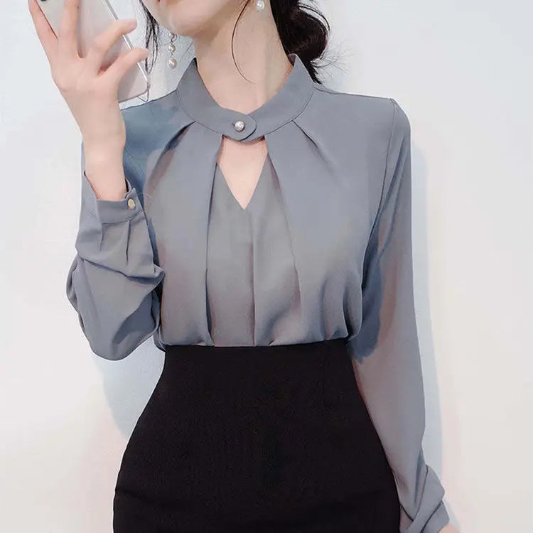 Solid Blouses Women Chiffon Shirts Long Sve flattering Hollow chic All-match Basic Spring Summer Tops Thin Chic Elegant Female Ins