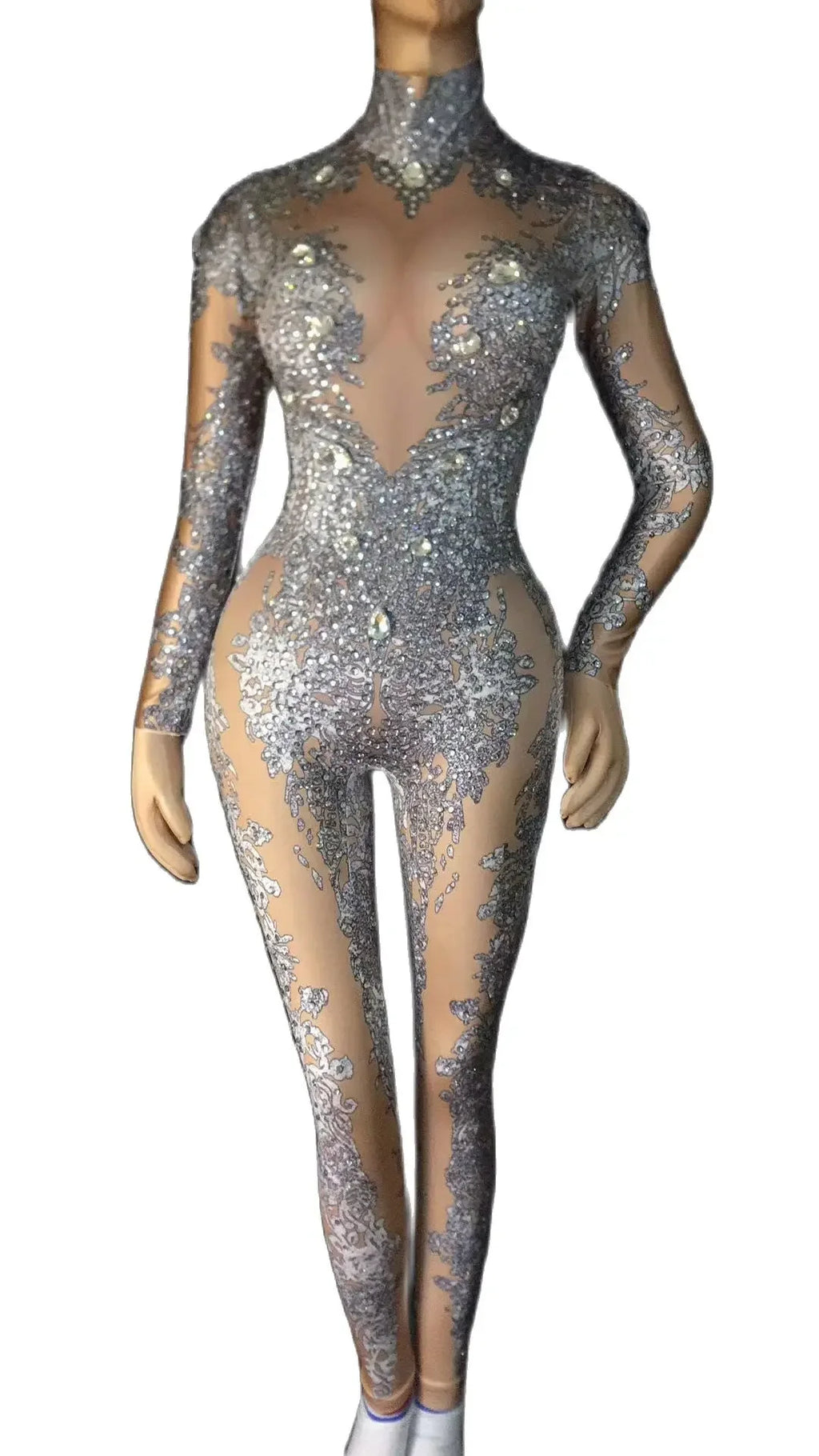 Silver Beading High Elasticity Women Jumpsuit Performance Party Celebrate Luxurious Shining Stage Drag Queen Costumes Pole Dance
