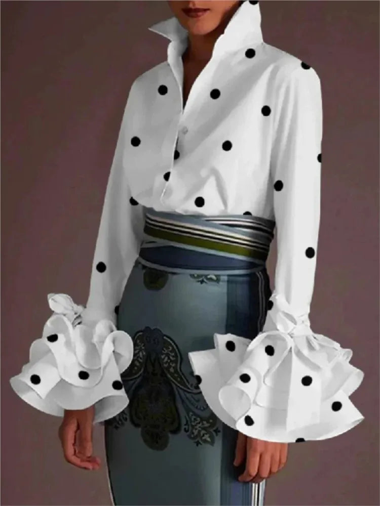 Flared Sve Lapel Button Office Blouse