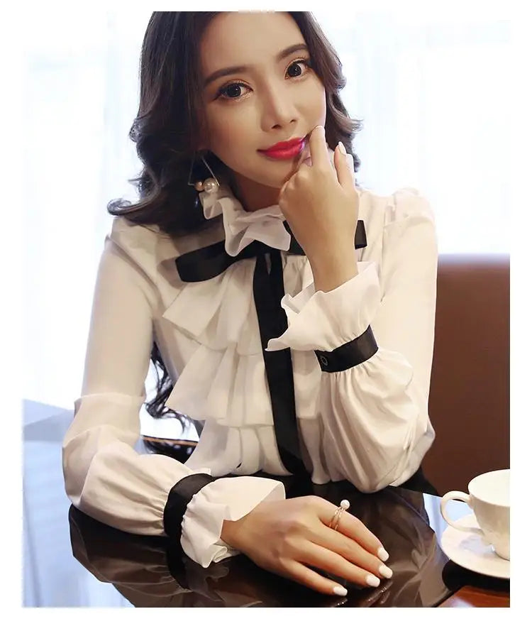 Elegant Women's Summer Blouse | Casual Ruffle Bow Long Sleeve Top White Shirt