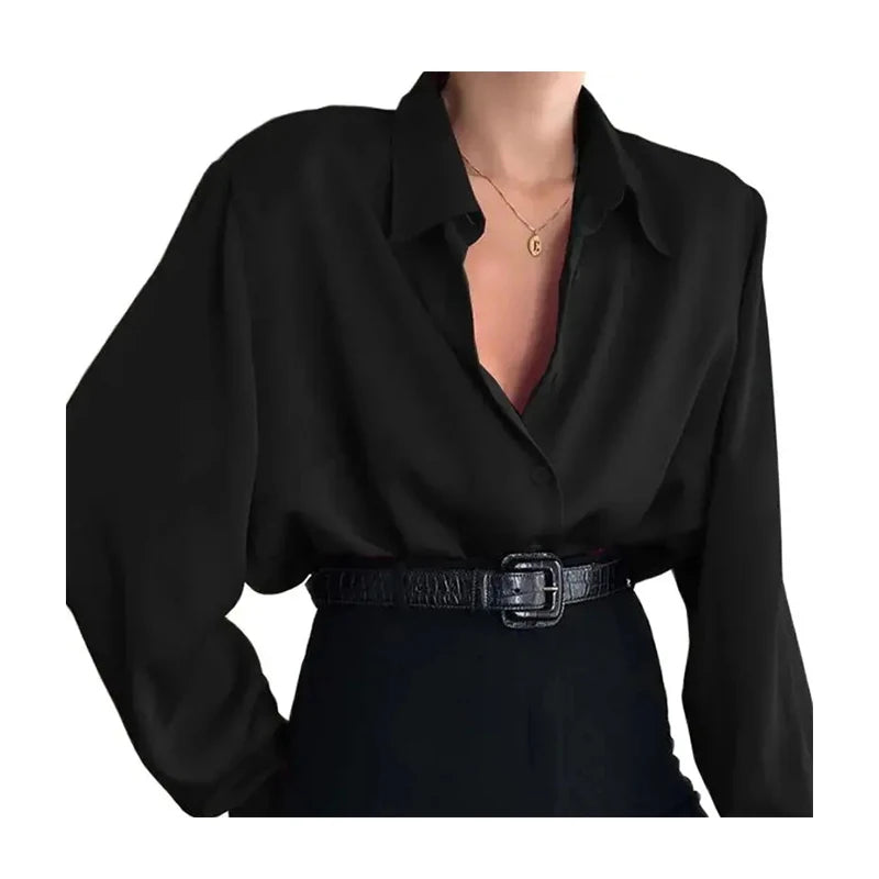 Women Button Blouses Turn Down Collar Shirts Office Lady Long Sve Casual Blouse Loose OL Shirt Baggy Tops Red/Wine Red /Black
