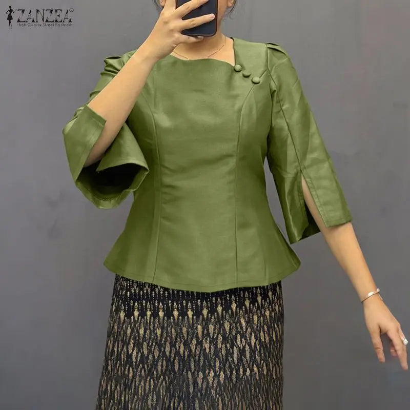 Elegant Office Lady Blouse | 3/4 Puff Sleeve Casual Solid Tunic Top | Loose Summer Shirt