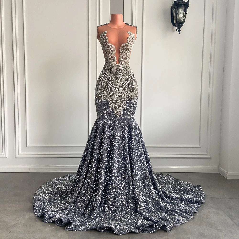 Silver Crystal Sequin Mermaid Gown