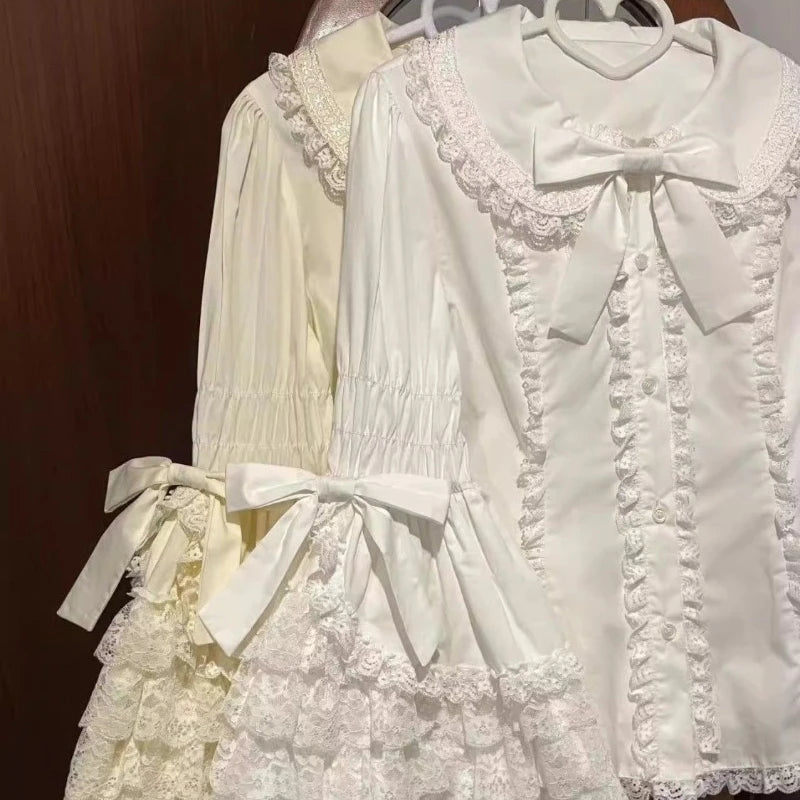Lolita Blouse Women Y2k Gothic Peter Pan Collar Lace Bow Ruffles Tops Oversized Flare Sve Sweet Shirts JSK White Blouses