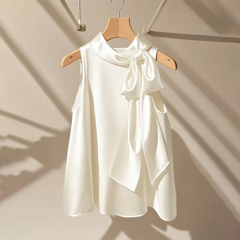 Elegant Bow Tie Blouse | Satin Sleeveless Solid Color Half High Collar Casual Fashion Shirt