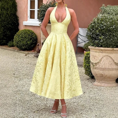Deeptown Elegant  Evening Party Dresses Women Korean Style Halter V-neck Dress Sweet Backless Yellow Summer Solid Midi Dress
