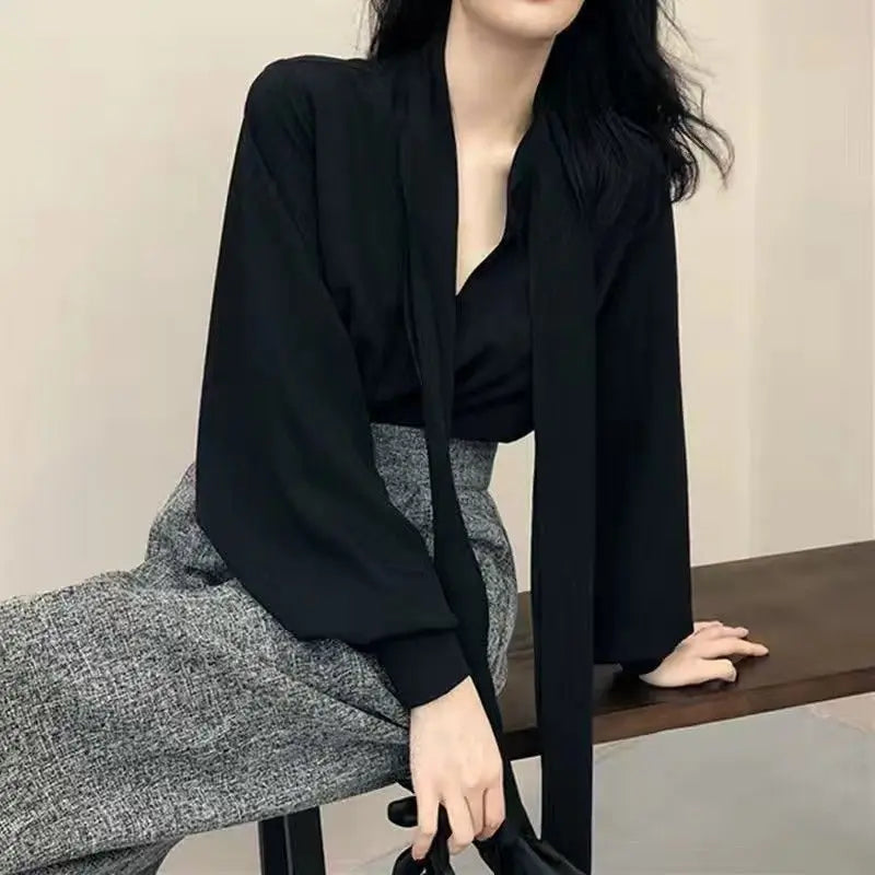 V-Neck Lace-Up Korean Office Blouse