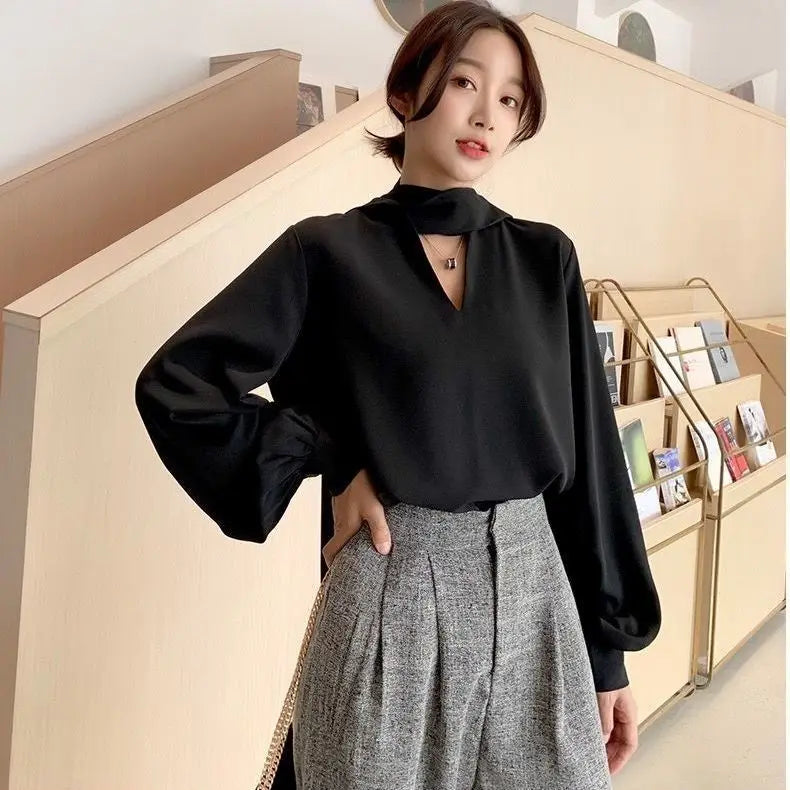 V-Neck Lace-Up Korean Office Blouse