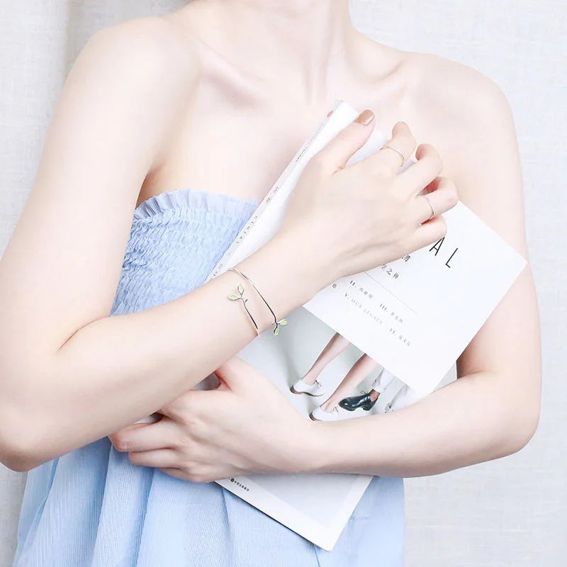 Silver-Tone Opal Leaf & Branch Cuff Bangle | Nature-Inspired Bracelet for Women