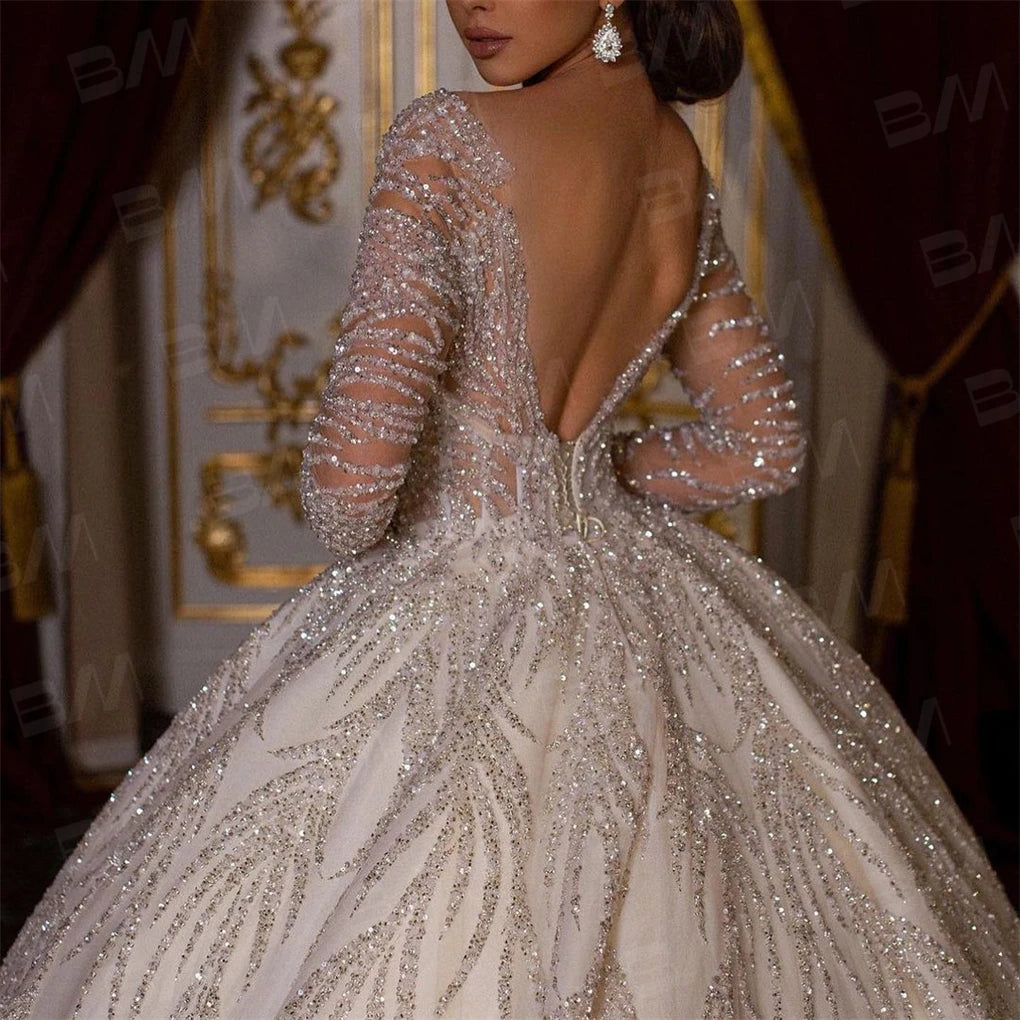 Hand Beaded Long Sleeve Ball Gown Wedding Dress | Chapel Train Bridal Gown