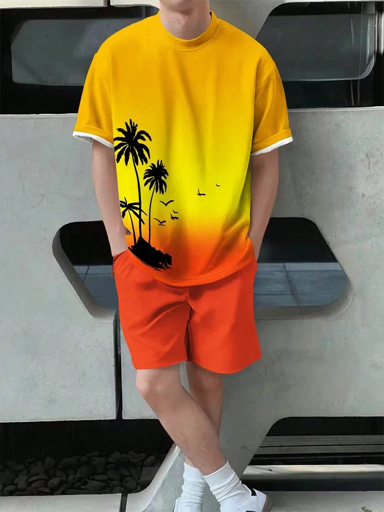 Men's Gradient Print Short Sleeve & Shorts Summer Set