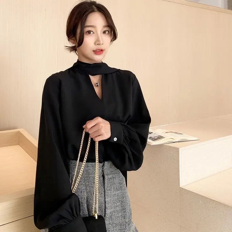 V-Neck Lace-Up Korean Office Blouse