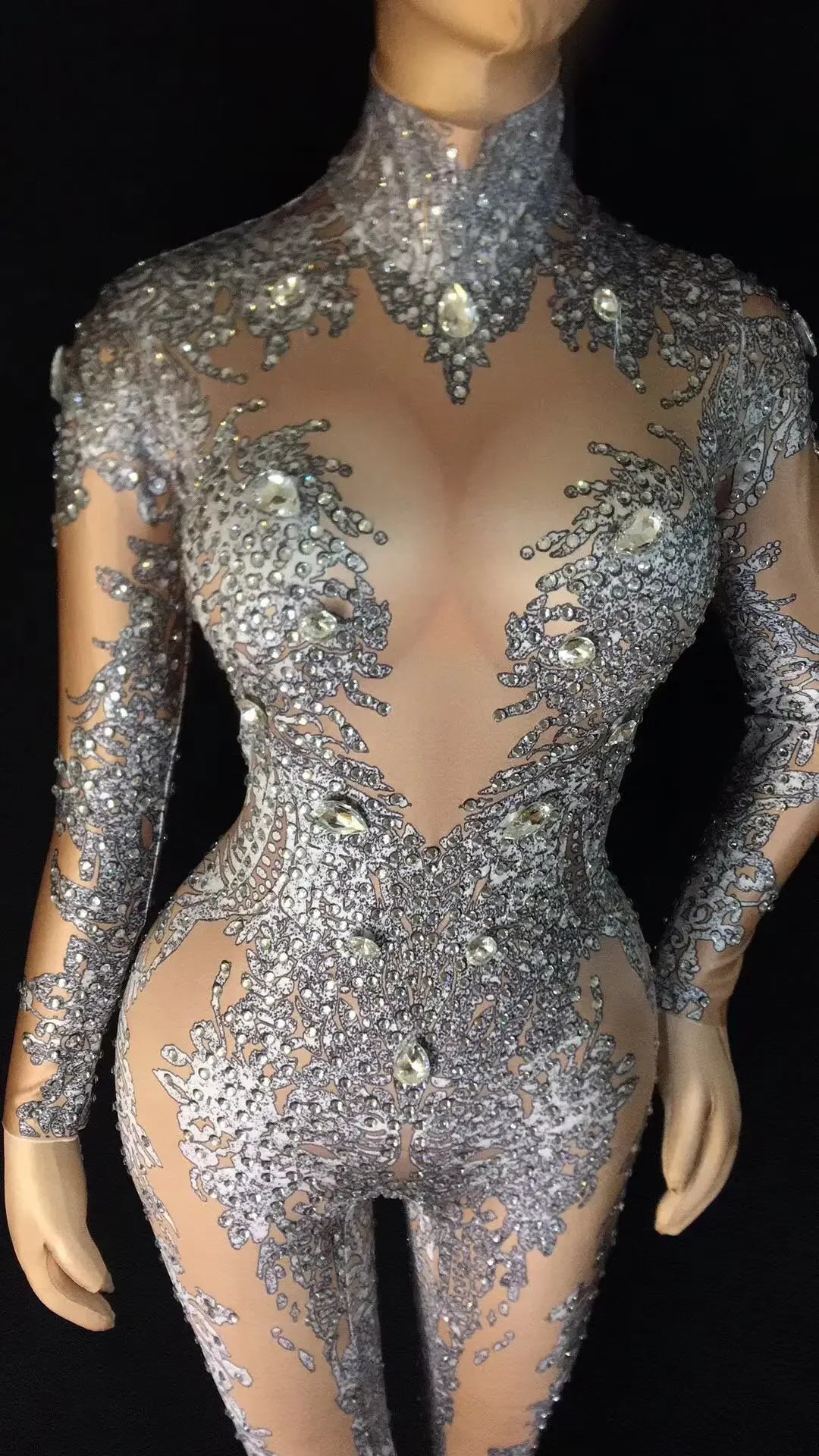 Silver Beading High Elasticity Women Jumpsuit Performance Party Celebrate Luxurious Shining Stage Drag Queen Costumes Pole Dance