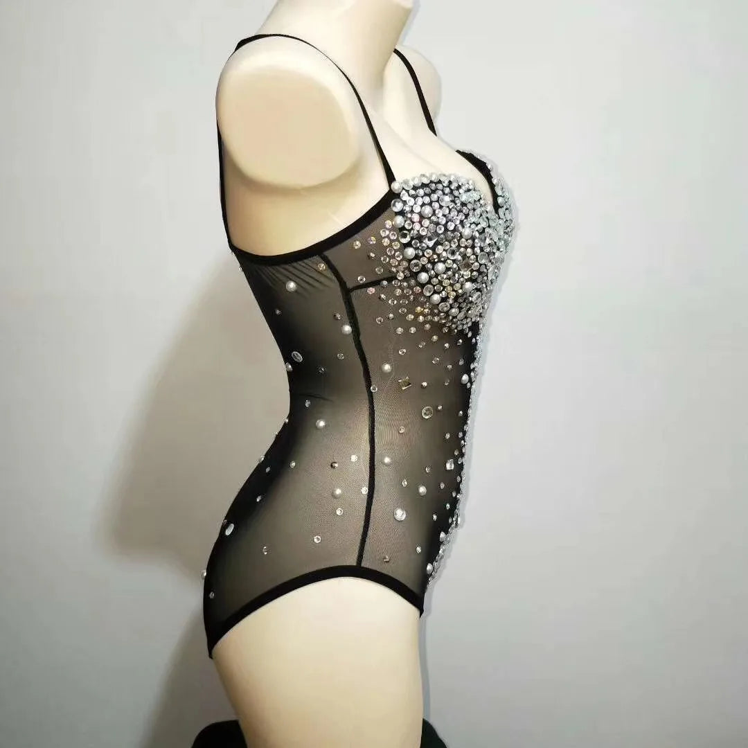 Pearl Strap Rhinestone Bodysuit Stage Leotard for Women