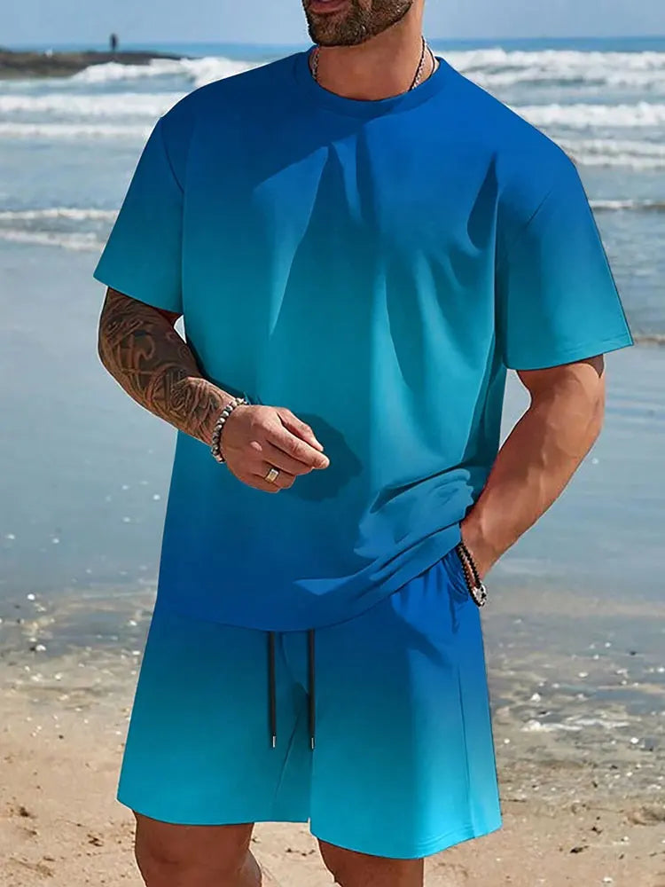 Men's Gradient Print Short Sleeve & Shorts Summer Set