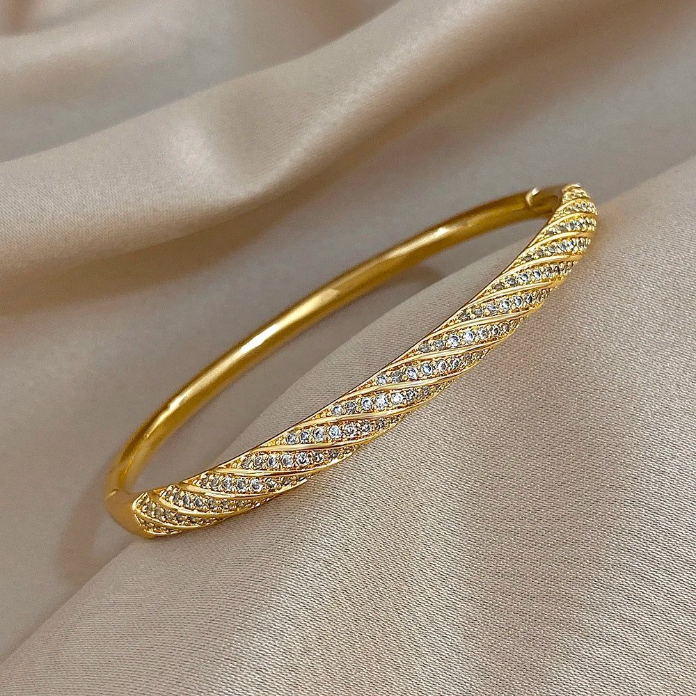Twisted Micro Zircon Cuff Bracelet | Gold Plated Stacked Bangle for Women