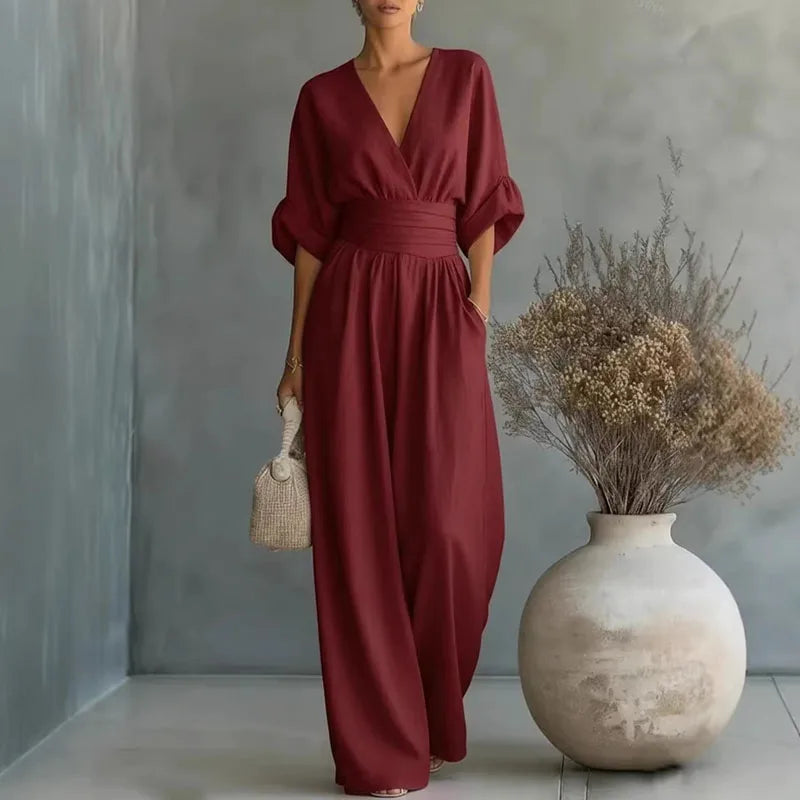 OL Style Solid High Waist Draped Jumpsuits Woman  Spring V Neck Wide Leg Trousers Overalls Casual Half Sve Rompers Outfit