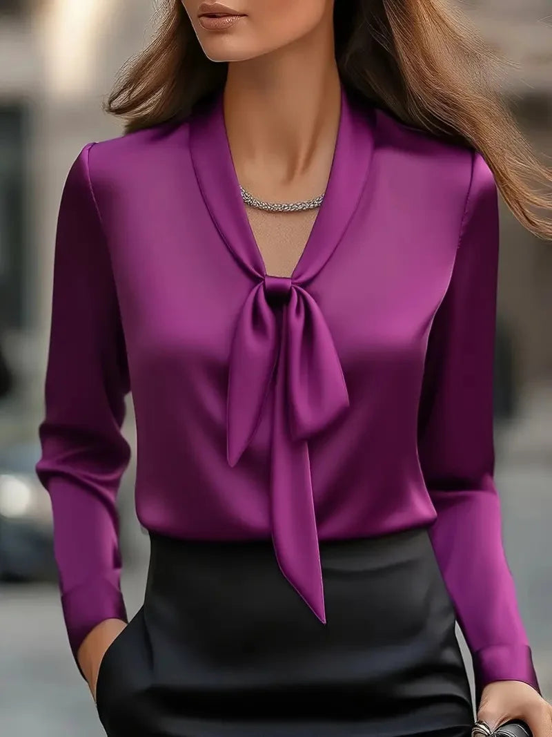 Elegant Solid Color Lace-up Blouse | Satin Long Sleeve Shirt for Women