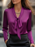 Elegant Solid Color Lace-up Blouse | Satin Long Sleeve Shirt for Women